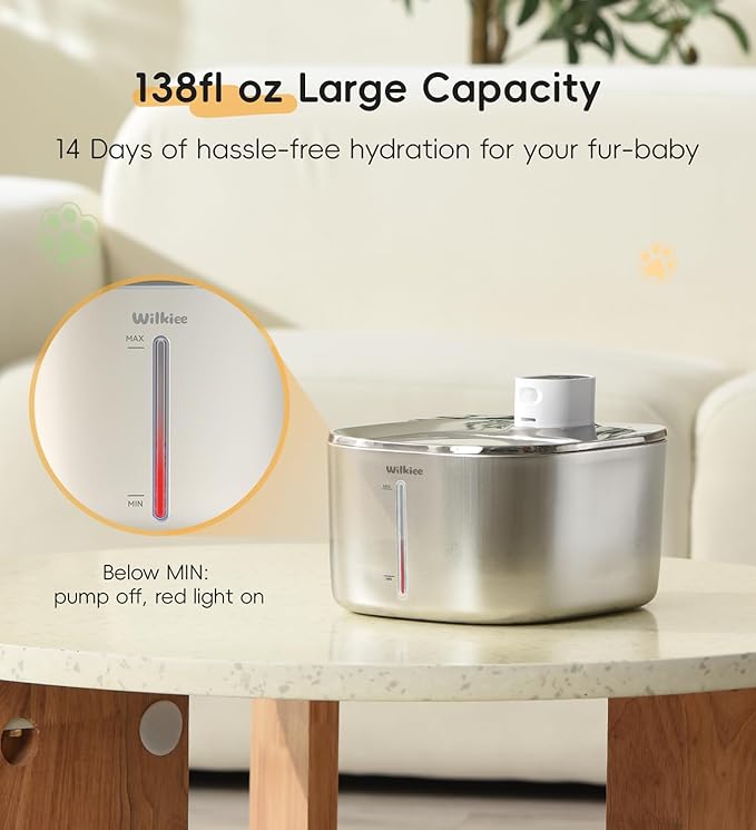Cat Water Fountain Stainless Steel, 138fl.oz / 4.1L Cat Fountain, Pet Water Dispenser Cordless for Cats & Dogs Indoor