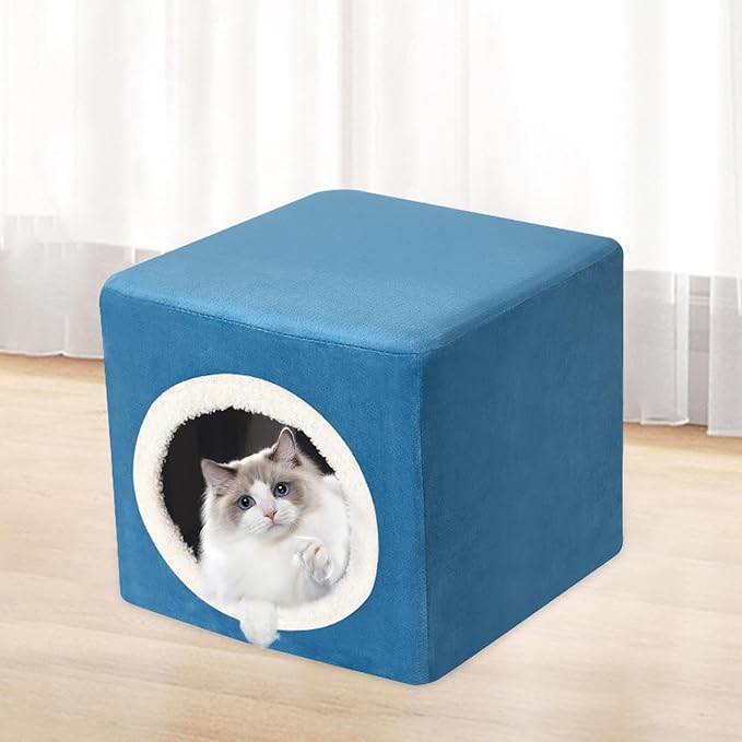 Generic Cat House Cat Bed for Indoor Cats Cat Hideaway Furniture Sturdy Kitty Cube Pet Condo for Pet Supplies Kitty Resting Sleeping, Blue