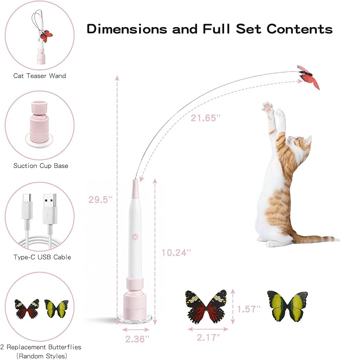 Interactive Cat Toys for Indoor Cats - Electric Cat Wand Toy with Butterfly, Self-Play & Handheld Dual Mode, USB Rechargeable with Strong Suction Base, Smart Motion Activated Enrichment Cat Toy, Pink