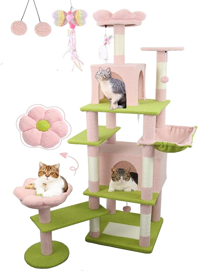 Flower Cat Tree 71 Inches，Large Cat Tower with 2 Detachable Flower Cushions and 2 Hiding Condo, Tall and Big Cat Tree with Hammock Bed, Interactive Toys and Scratching Posts for Indoor Cats (Pink)