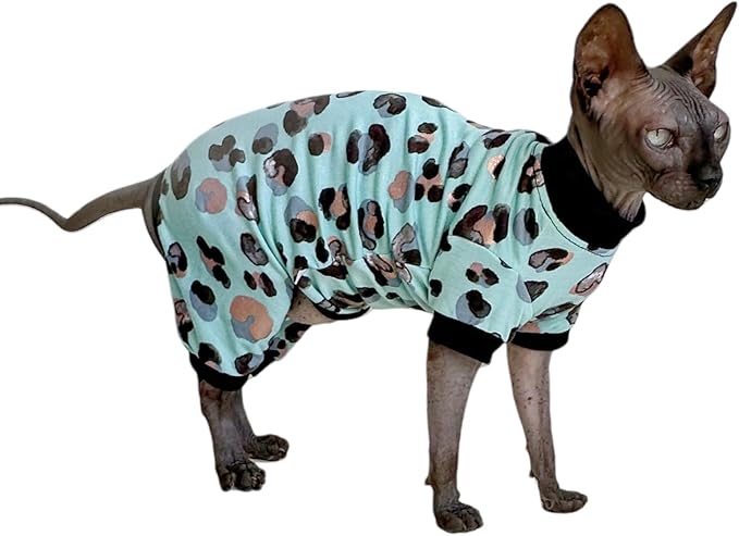Sphynx Cat Four Leg Cotton Pajamas Elastic Pet Clothes for Hairless Cats Surgery Recovery Suit Undershirt Thermal Clothes for Sphynx, Devon, Cornish (Mint Leopard, S)