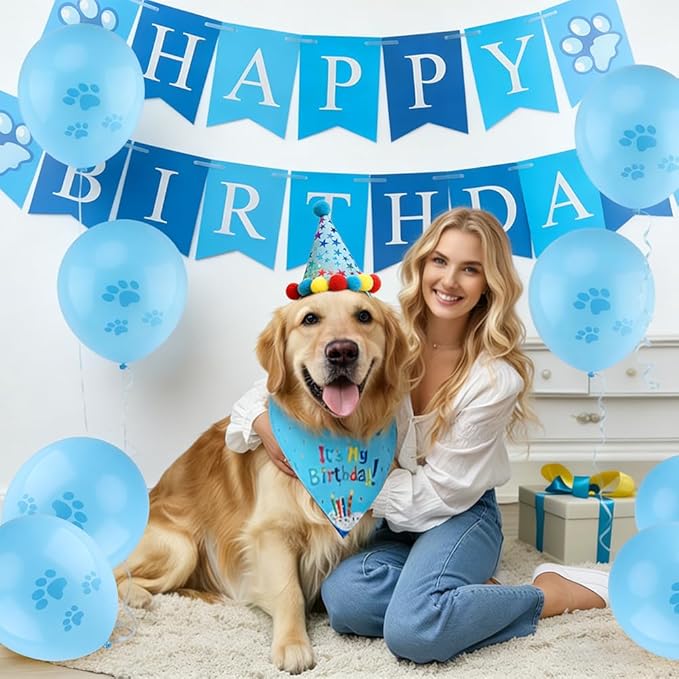Cat Birthday Decorations Set - Cute Birthday Outfit with Hat, Bandana, Bow Tie, Balloons & Number Stickers for Kittens/Cats Party Photo Props & Festive Supplies