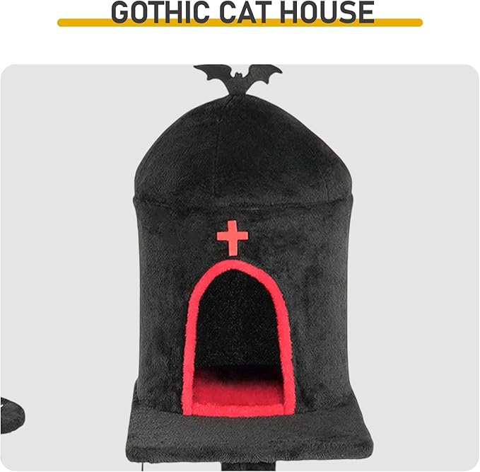 53" Gothic Cat Tree with Coffin Bed, Large Cat Tower with Spacious Cat Condo, Scratching Posts, Spider Hanging Toys, Scratching Board, Multi-Level Cat Activities Furniture for Large Cats, Red & Black