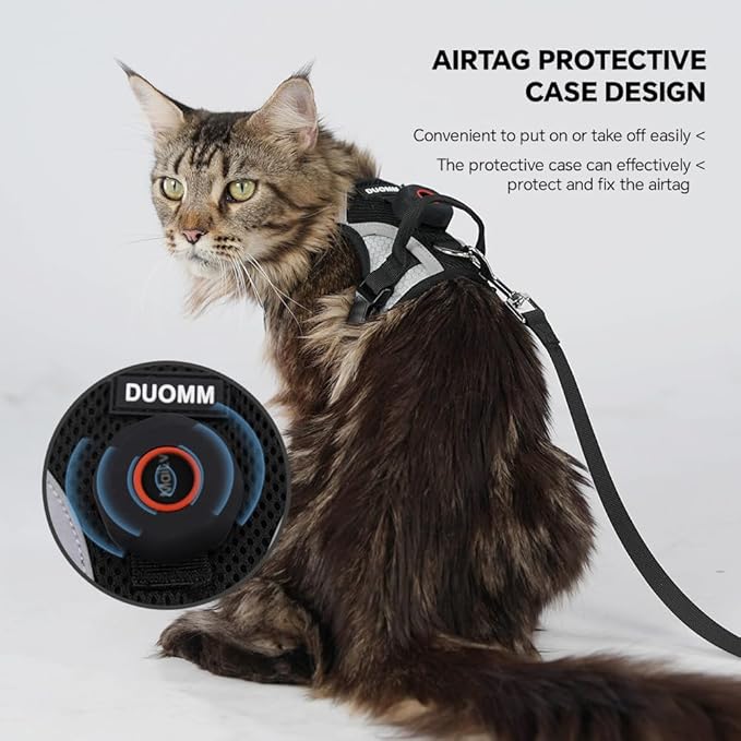 Harness Leash Set with AirTag Holder for Large Cat & Puppy, Upgraded Escape Proof Vest with Lead for Small Dog Outdoor Walking, Soft Breathable Mesh Jacket with Reflective Strip (Black, XL)