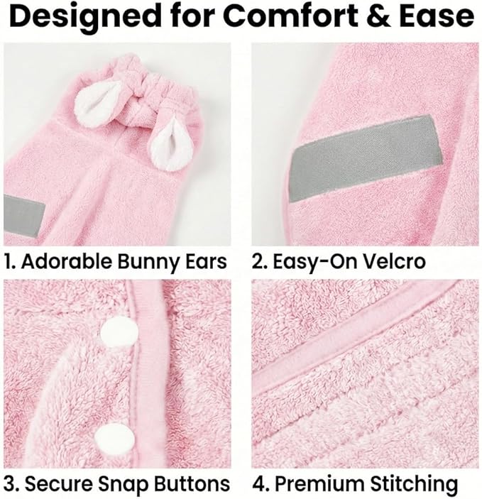 Dog Bathrobe Super Absorbent Towel for Small Dogs Cats Fast Drying Dog Robe Coat with Hood Puppy Cat Bath Towel Wrap Pet Grooming Supplies After Shower (Light Pink,XS)