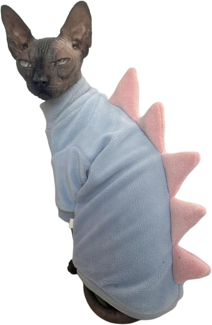 Dinosaur Sphynx Cat Clothes, Soft Polar Fleece Sweater for Cat, Elastic Pet Clothes Thick Winter Warm Outfit for Hairless Cat, Devon, Cornish, Small Dogs Apparel with Sleeves (Sky Blue, XX-Large)