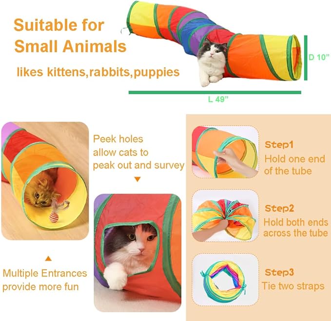 Cat Tunnel Tube Toy Collapsible 2 Way Rainbow, Pet Tunnels for Indoor Cats, Long Tubes for Kitten, Puppy, Rabbit, Interactive Toys for Fun Playtime & Exercise