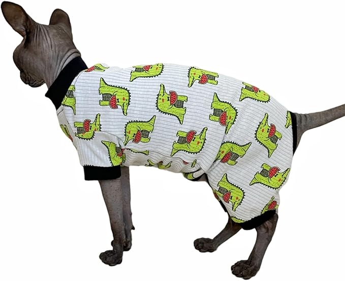 Sphynx Cat Four Leg Cotton Pajamas Elastic Pet Clothes for Hairless Cats Surgery Recovery Suit Undershirt Clothes for Sphynx, Devon, Cornish (Crocodile, XL)