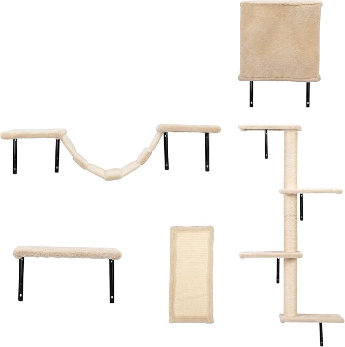 Cat Hammock Wooden Wall-Mounted Shelves Cat Climber Set of 5, Floating Cat Perches, Hanging Cat Beds for Sleeping, Playing, Climbing-Modern Cat Bed & Furniture for Large Cats/Kitty, Beige
