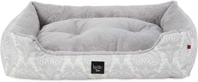 Nicole Miller NEW YORK PET Mod Damask Plushy Bolster Pet Bed, Cozy & Calming, Non-Slip Bottom, Machine Washable Cover, Grey, Large 35"x28"x8"