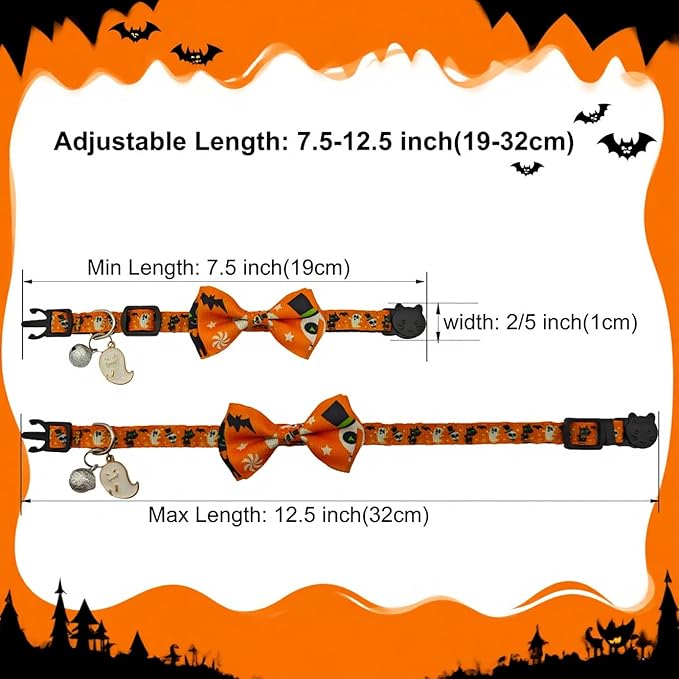 2 Pack Halloween Breakaway Cat Collars, Unisex for Girl & Boy Cats, with Bow Tie & Bell, Safety Buckle Kitten Collars, Adjustable from 7.5 to 12.5 Inches(Orange & Black)