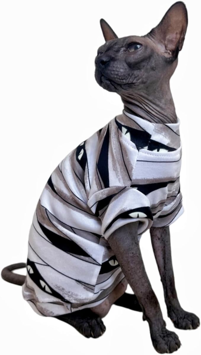 Limited Edition Sphynx Cat T-Shirts Elastic Hairless Cat Sweatshirt Pet Kitten Clothes Round Collar Kitten Shirts Vest Cats & Small Dogs Apparel (Mummy, XL (10-12 lbs))