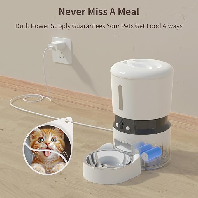 MIETUBL Automatic Cat Feeder with 2 Cameras 1080P HD with Night Vision Pet Food Dispenser Two-Way Voice and Audio Dog Smart WiFi Dog & Cat Feeder Programmable Schedule Slow Bowl White