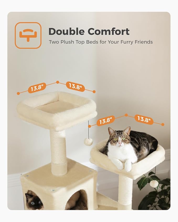 MUTTROS Tall Cat Tree 70.9", Large Cat Tower for Indoor Cats, Multi-Level Plush Cat Condo with 6 Scratching Posts, 2 Scratching Boards, 2 Perches, 2 Caves, Hammock, 2 Pompoms, Beige
