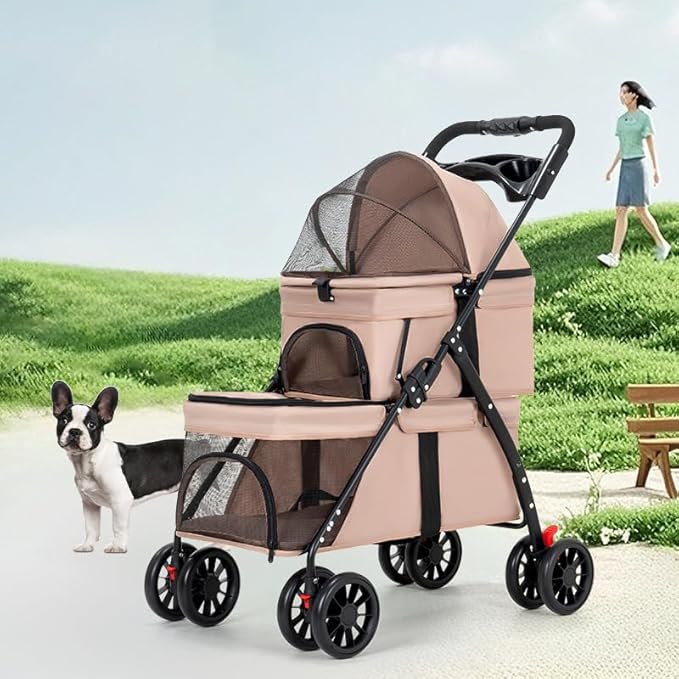 YYW Double Pet Stroller for Small Cats and Dogs, Foldable Kittens Puppies Travel Strolling Cart with 2 Carriages, Cup Holder & Lockable Wheels, Ideal for Multi-Pet Families(Khaki)