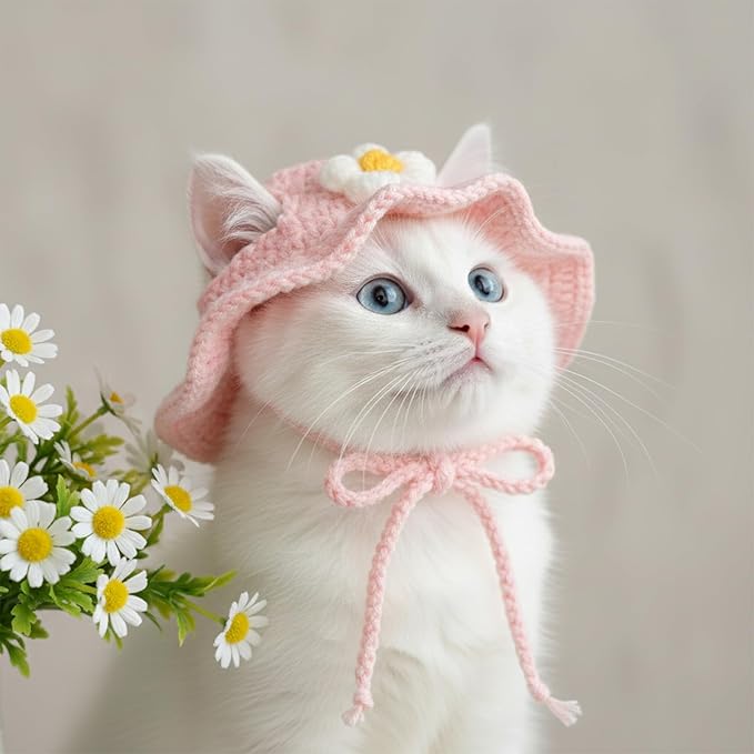 2Pcs Hat for Cat, Cat Hats for Cats Only Cotton & Soft Cute Knitted Hats Cats Apparel for Birthday Party Christmas Easter Travel Clothes Accessories (Strawberry and Flower)