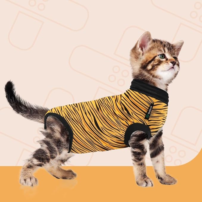 Suitical Cat Recovery Suit for Spay, Neuter, Suture, Incision, & Skin Conditions - Breathable Fabric with Back Opening - 13.0-16.5 Inches Neck to Tail, 16-20 Inches Chest - 2XS, Tiger Print
