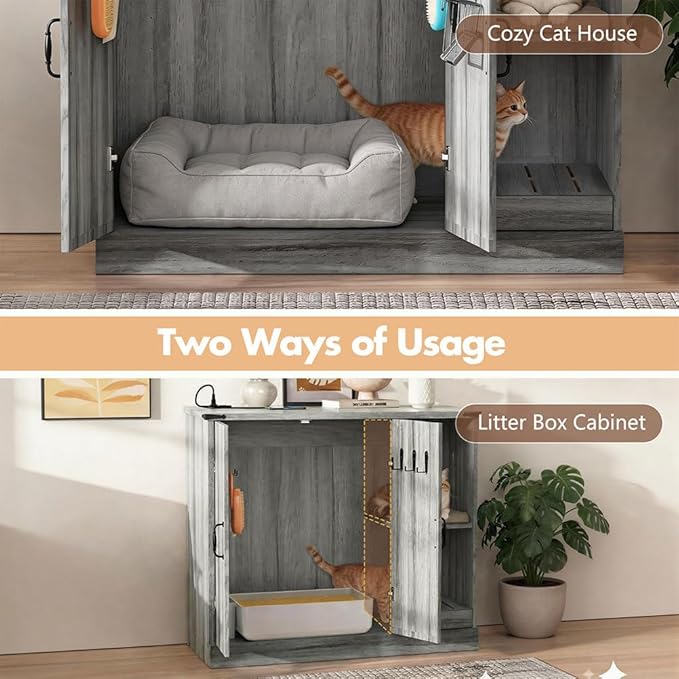 Extra Large Cat Litter Box Enclosure with Litter Collector, Hidden Litter Box Furniture Cabinet with Power Outlet & Storage Shelves, Cat House for Automatic Litter Boxes, Gray