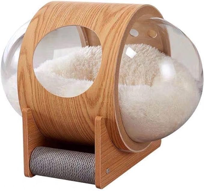 Space Capsule Cat House: Bed with Scratching Post & Removable Cushion - Cats Nest & Kennel Wooden Furniture - Large & Small Cats Indoor