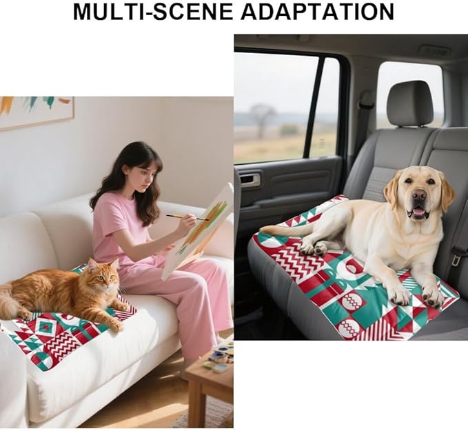 Christmas Geometric Pattern Cat Bed Mat Waterproof Crate Bed Cat and Dog Pet Mat Rectangle Non- Slip Bottom Dog Friendly Furniture Multi- Scenario Big Beds Gift Printed Crate Pad 36× 24 Inch