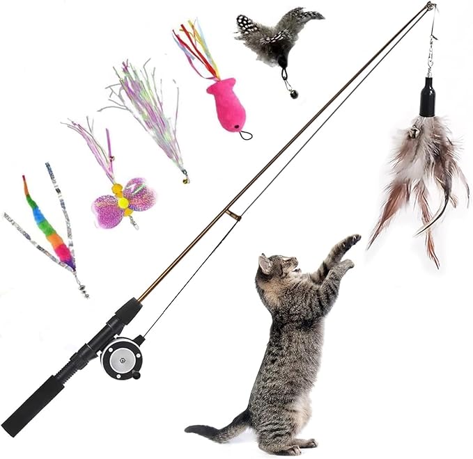 Retractable Cat Teaser Wand Toy, Cat Toys for Indoor Outdoor Cats Interactive Fishing Rod with 6 Pcs Refills Feather Toy, Caterpillar Butterfly & Fish