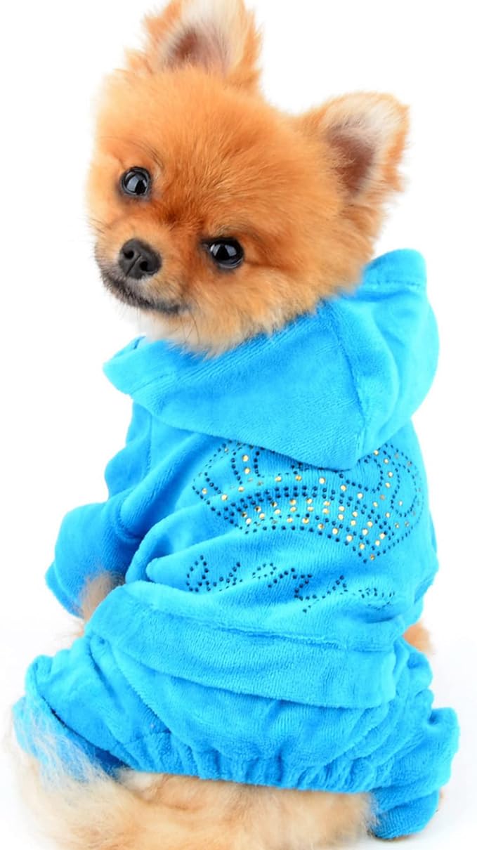 SEIMAI Dog Hoodies Jumpsuit for Small Dog Cat Puppy Rhinestone Crown Soft Velvet Autumn Winter Hooded Pajamas Tracksuit Outfits Sportswear Jacket with Hat Training Outdoor Blue XS