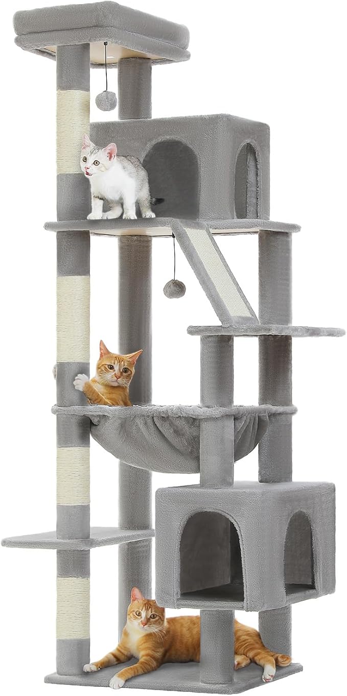 MUTTROS 71" Tall Cat Tree for Large Cat 20 lbs with Super Large Hammock, Heavy Duty Cat Tower with 4 Sisal Scratching Posts & 2 Spacious Condos for Big Adult Cats Maine Coon-Grey