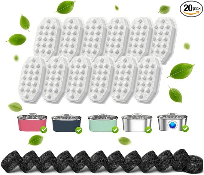40 Pcs Cat Water Fountain Filters,20 Pack Cat Water Fountain Replacement Filters & 20 Pack Pre-Filter Sponges,Pet Fountain Filter Replacement for 3.2L/108oz Stainless Steel Fountain