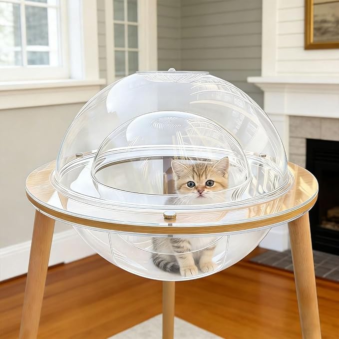 2 in 1 Acrylic Cat House with Fish Tank, Clear Cat Bed with Wooden Legs, Modern Cat Cave Indoor with Aquarium Base, Transparent Cat Pod Bed Furniture for Cats, 23.6" L × 23.6" W × 20.5" H