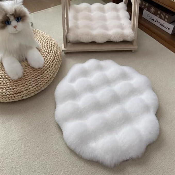 Pet Cushion Pad, Self-Warming Faux Fur Dog and Cat Bed for Indoor Pets, Cozy Plush Round Kennel Pad for Cage with Non-Slip Bottom, Winter Cat Mat Bed for Kneading (White,19.7in Round)