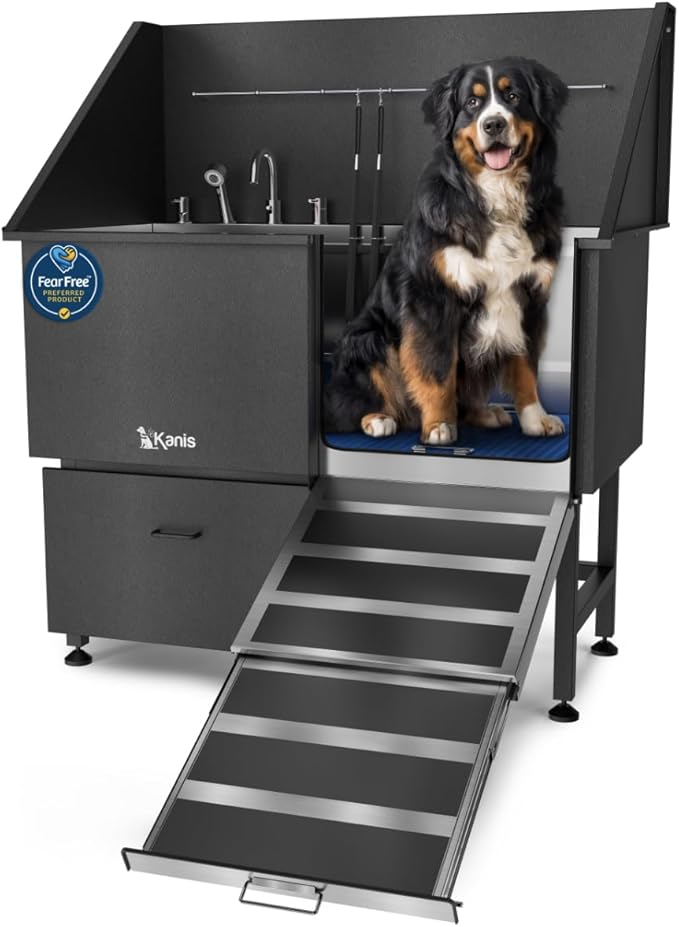 KANIS Professional Dog Washing Station 304 Stainless Steel Pet Wash Sink & Grooming Bathtub w/Shower, Floor Grates and Storage for Large, Medium & Small Pets (Black, 50 Inches, Right Ramp, 1 Drawer)