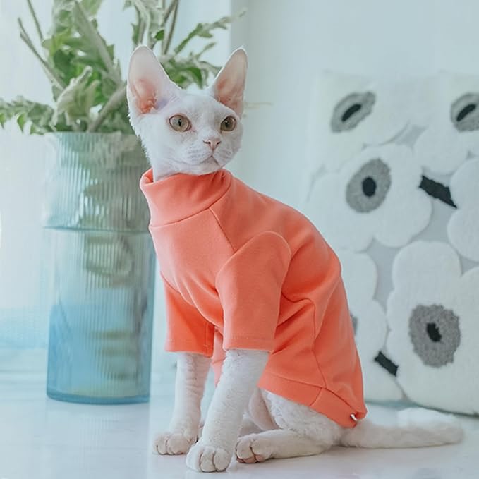 Sphynx Cats Warm Fleece Shirt Cat Turtleneck Undershirt Thermal Hairless Cat Clothes for Sphynx, Devon, Cornish Cat Clothes and Small Kitten and Dogs (Solid Orange, Small)