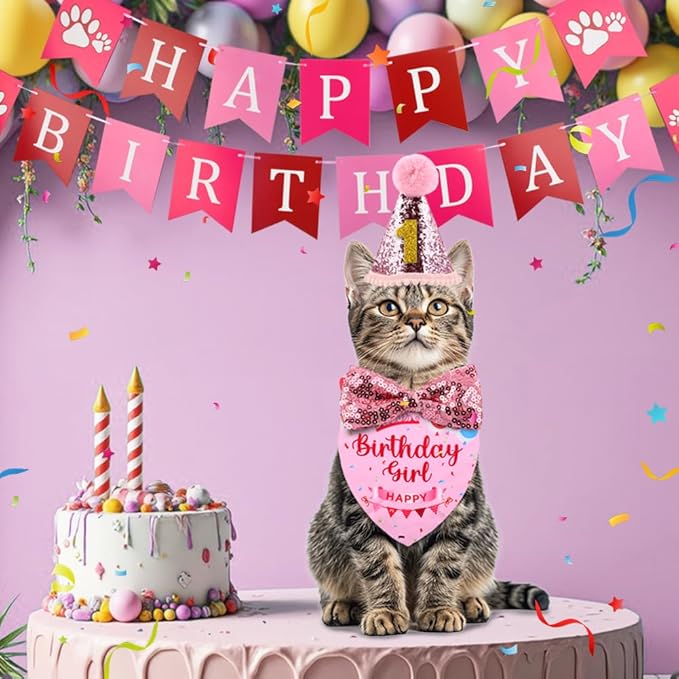 Cat Birthday Party Supplies, Adjustable Cat Birthday Hat with Numbers, Bandana, Bow Tie, Banner for Cat Kittens Decorations, Fun Pet Celebration Kit(Color:Pink)