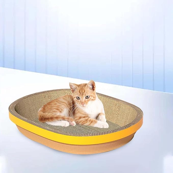 Cat Scratcher Corrugated Pet Cat Scratch Pads Bowl Shaped Plate Cardboard Scratching Lounge Bed Furniture Protector Supplies Oval Shape Suitable for, Yellow Edge