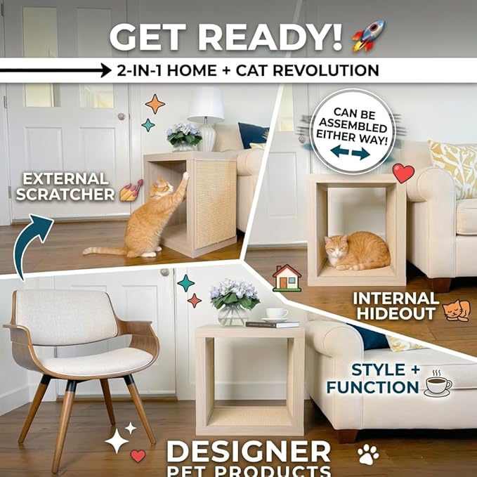 Designer Pet Products 2-in-1 Cat Scratcher End Table – Modern Wood Side Table with Customizable Sisal Scratching Pad – Versatile Furniture for Cats and Home Decor