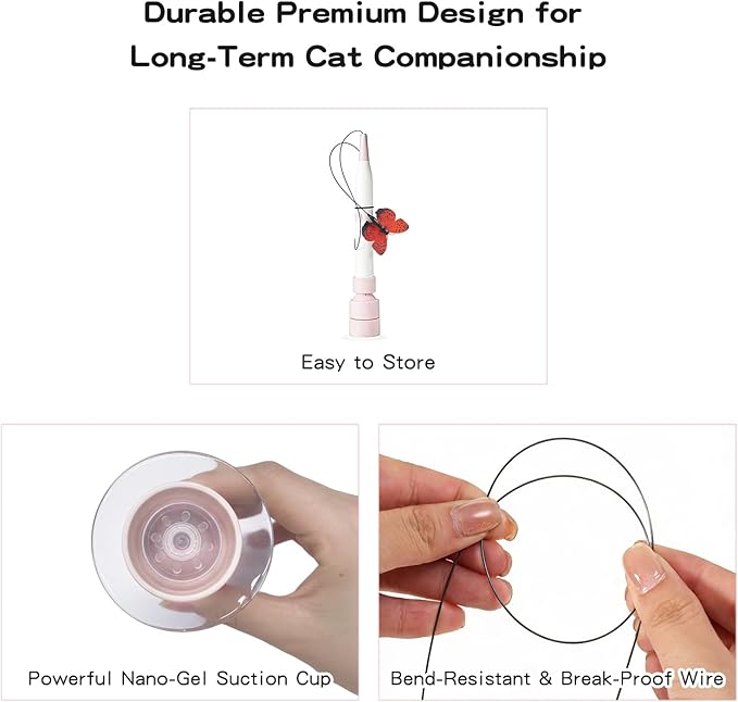 Interactive Cat Toys for Indoor Cats - Electric Cat Wand Toy with Butterfly, Self-Play & Handheld Dual Mode, USB Rechargeable with Strong Suction Base, Smart Motion Activated Enrichment Cat Toy, Pink