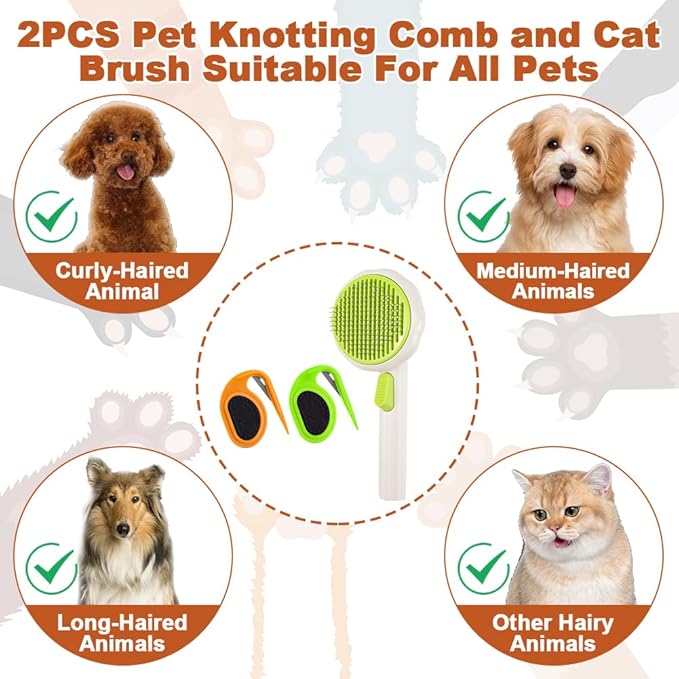 Self-Cleaning Grooming Brush, with 2 PCS Dematting Comb for Dog, Skin Friendly, Non-Slip Handle, Cat Brush for Long Haired Cats & Dogs, Pet Supplies Hair Remover Tool