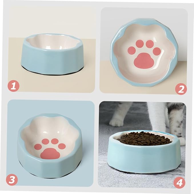 Ceramic Tilted Pet Bowl Blue Small Slanted Cat and Dog Feeder Bowl with Animal Paw Print for Feeding and Watering Pets