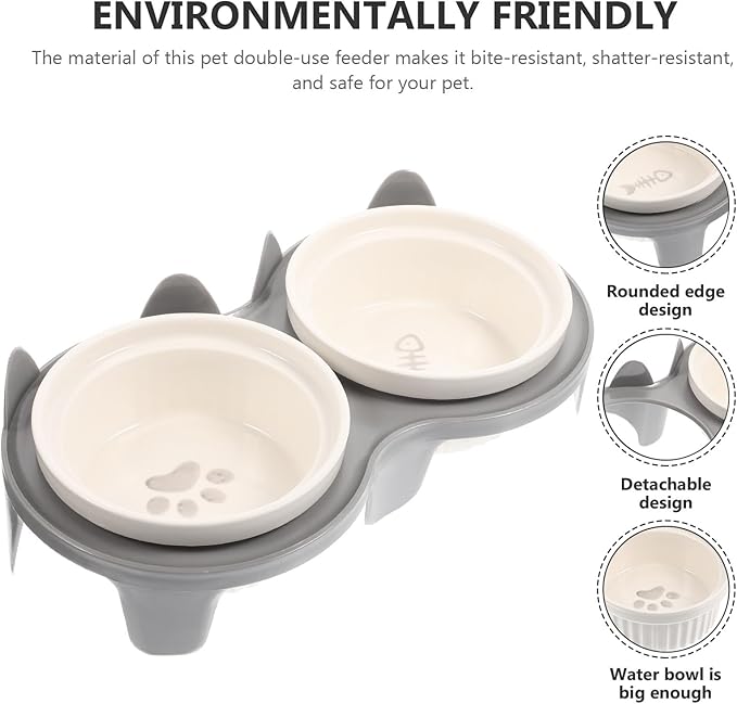 Ceramic Cat Bowl Elevated Double Feeding and Watering Bowls with Thickened Gray Anti-Slip Rack, Tilted Design for Neck Protection, Indoor Pet Supply for Cats