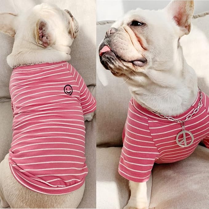 Dog and Owner Matching Clothes,White Striped Dog Shirts Summer T-Shirt Pajamas for Medium Large Dogs with Embroidered Smiley Face(Pink Pet 5XL)