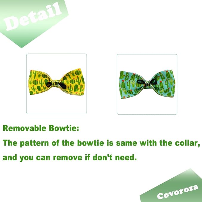 2 Pack Cactus Breakaway Cat Collar Bow Tie with Bell and Pendant Adjustable Safety Buckle Collars for Kitten Yellow and Green