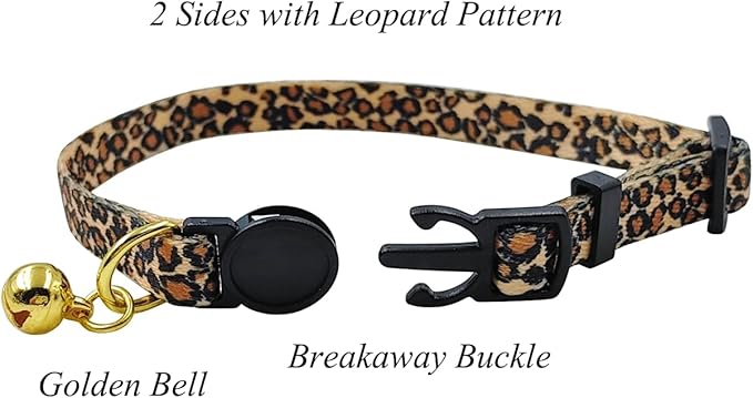 2 Pack Cat Collar, Floral Pattern, Breakaway Safe Release Buckle, Clear Bell, Polyester Material, for Adult Cats.(Leopard+Black Daisy)