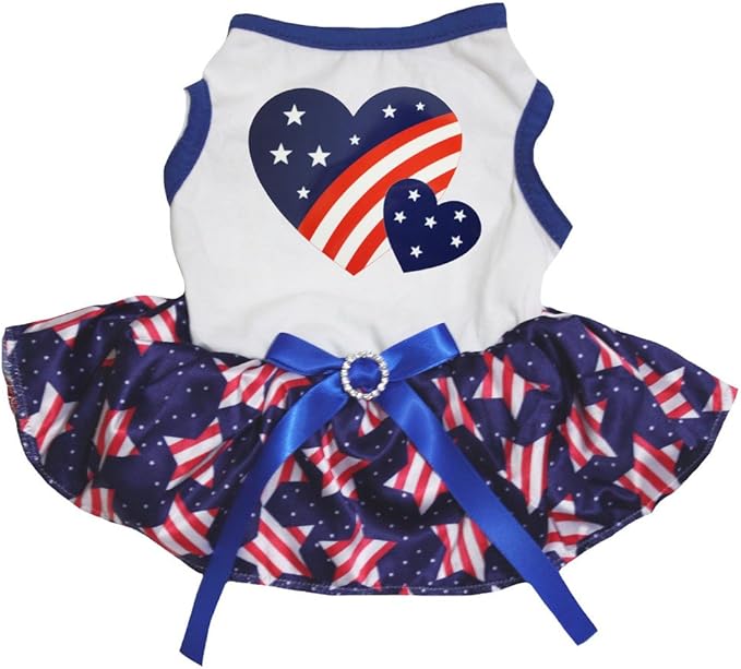 Petitebella USA Twins Heart Puppy Dog Dress for Dogs White with US Stars Large Cotton Polyester