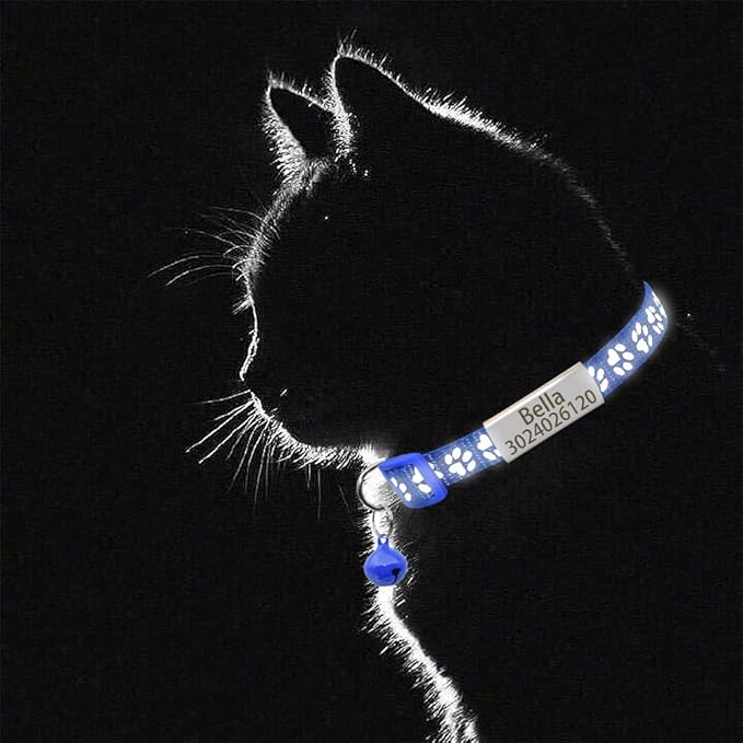 Personalized 2 Pack Reflective Cat Collar,Custom Breakaway Cat Collars with Name Tag and Bell,Anti-Lost Nameplate Cat Collar for Girls & Boys (Navy Blue,fit 8''-11.0'')