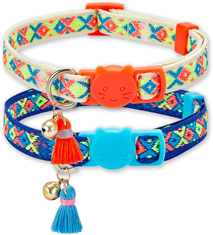 2 Pack Cat Collar Breakaway Cute Colorful Pattern for Cat Boy Girl Adjustable Length Collar with Little Bell Tassel Tribal Bohemian Pattern (2 Pack⎮Orange+Blue)