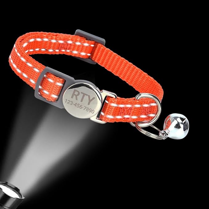 Personalized Cat Collar with Bell,Reflective Custom Engraved Name and Phone Number ID Tag for Cats Kittens & Puppies,Breakaway Safety Round Buckle|Reflective Adjustable Collars(7.5'' - 12'')