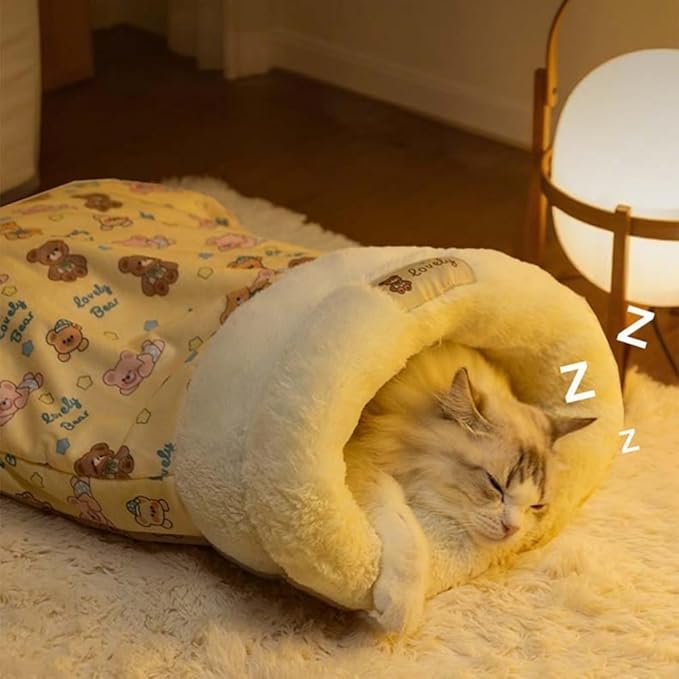 Winter Warming Cat Sleeping Bag，Soft Plush Sleeping Bag for Indoor Cats，Cozy Pet Nest for Cats and Dogs, Portable Calming Pet Nests，Cat Cave Bed Self Warming Bed (Yellow, Large（22.5*18.8 in）)