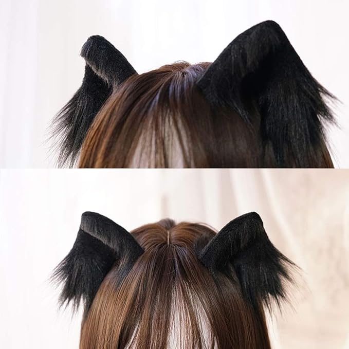 tyoungg Faux Fur Cat Kitten Clip on Ears Headband For Cosplay Kitten Play Comicon Cosplay Petplay (black kitten ears)