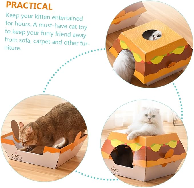 BESTonZON Cat House Hamburger Bed Scratching Board Creative Corrugated Cardboard Toy for Indoor Cats and Stable Design to Prevent Furniture Damage