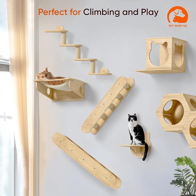 Cat Wall Shelves Furniture for Climbing - Cat House Wall Mounted - Indoor Wooden Floating Furniture - Different Models Including Shelves, Perches, Hammock, Bed, Bridges, Walkways